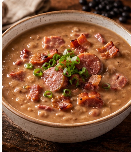 Caldo de feijão com bacon e rodelas de calabresa